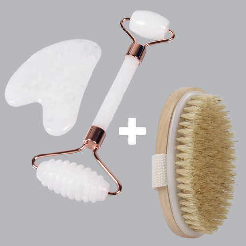 Exfoliating Wooden Body Brush + White Jade Roller Set